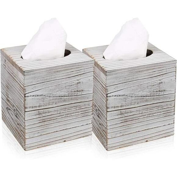 Wood square tissue box cover set of 2 decorative holder for bathroom bedroom off - Picture 8 of 8